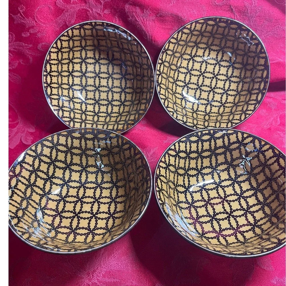 Vintage Topaz Shippo Black Yellow Rice Bowls Set of 4 Made in Japan Porcelain 6